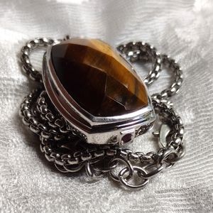 Huge ELLE 925 Faceted Tiger Eye & Garnet Necklace Pendant Sterling Silver